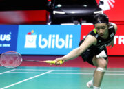 Pebulu tangkis tunggal putri An Se-young saat bertanding di lapangan bulu tangkis internasional.