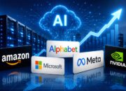 Logo Amazon terpampang di depan layar digital yang menampilkan data grafik pertumbuhan pasar dan simbol kecerdasan buatan
